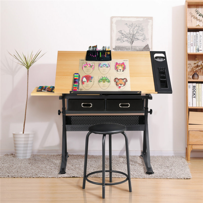Adjustable Metal Base Drafting Table Inbox Zero Top Color Natural Size 36.5 H x 53.5 W x 24.2 D